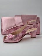 Metallic Baby Pink Flora Low Heels - Italian Women's Heels - Classic Shoes London