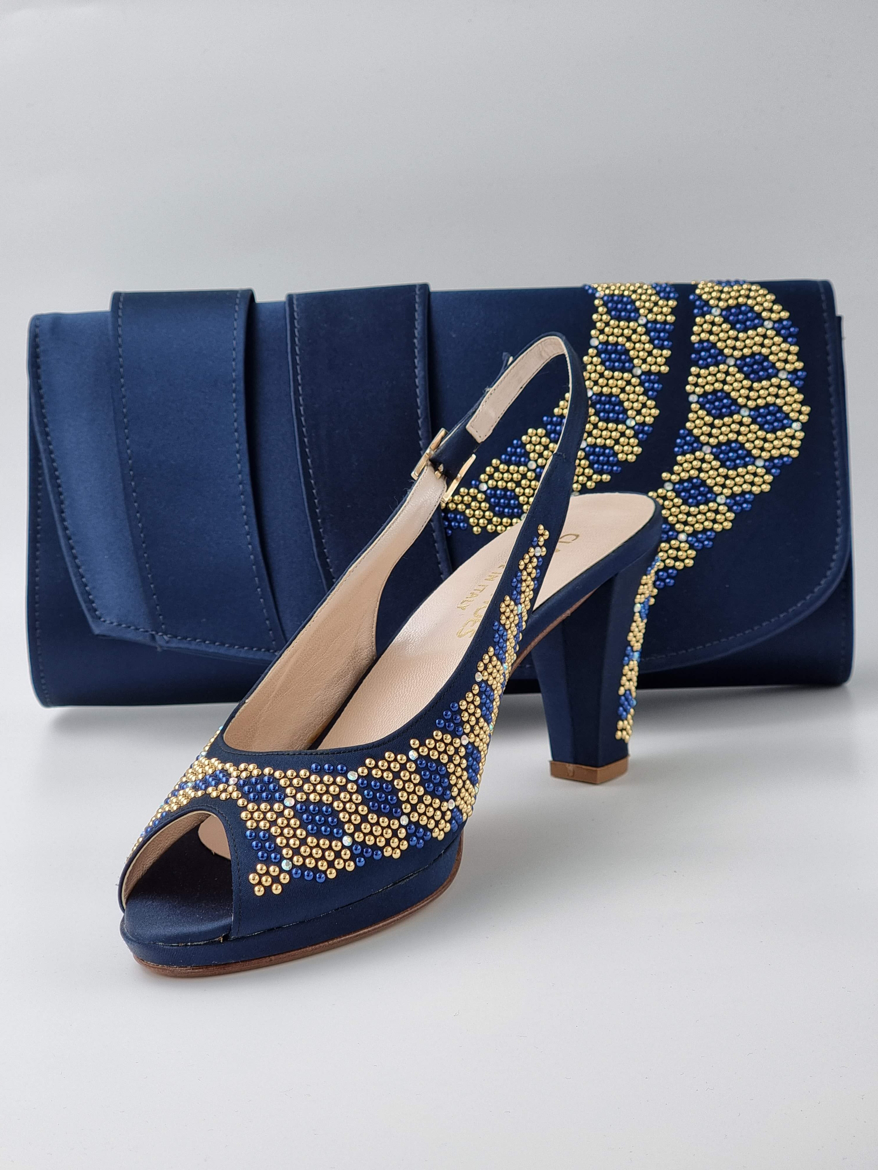 Navy Blue Gold Studded Stone Classic Shoes London