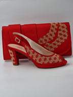 Red Gold Studded Stone Heels - Italian Women's Heels - Classic Shoes London