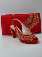 Red Gold Studded Stone Heels - Italian Women's Heels - Classic Shoes London
