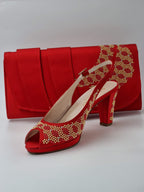 Red Gold Studded Stone Heels - Italian Women's Heels - Classic Shoes London
