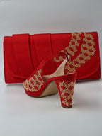 Red Gold Studded Stone Heels - Italian Women's Heels - Classic Shoes London