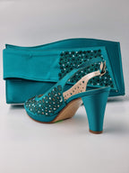 Teal Laser Cut Medium Heels - Italian Women's Heels - Classic Shoes London