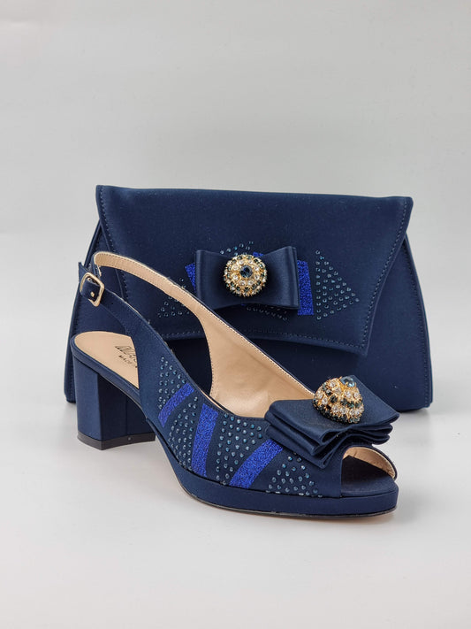 Navy Blue Low Heel Bow - Classic Shoes London