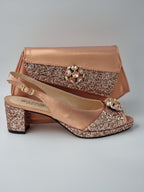 Rose Gold Glitter Low Heels - Italian Women's Heels - Classic Shoes London