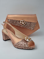 Rose Gold Glitter Low Heels - Italian Women's Heels - Classic Shoes London