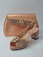 Rose Gold Glitter Low Heels - Italian Women's Heels - Classic Shoes London