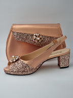 Rose Gold Glitter Low Heels - Italian Women's Heels - Classic Shoes London