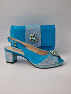 Powder Blue Glitter Low Heels - Italian Women's Heels - Classic Shoes London