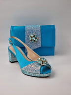 Powder Blue Glitter Low Heels - Italian Women's Heels - Classic Shoes London
