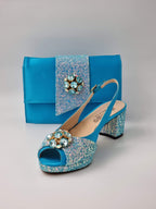 Powder Blue Glitter Low Heels - Italian Women's Heels - Classic Shoes London