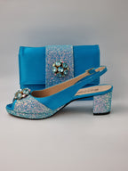 Powder Blue Glitter Low Heels - Italian Women's Heels - Classic Shoes London