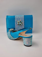 Powder Blue Glitter Low Heels - Italian Women's Heels - Classic Shoes London