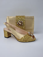 Gold Glitter Low Heels - Italian Women's Heels - Classic Shoes London