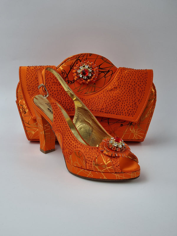 Orange Scribbled Ladies Set - Italian Shoe and Bag Set - Classic Shoes London