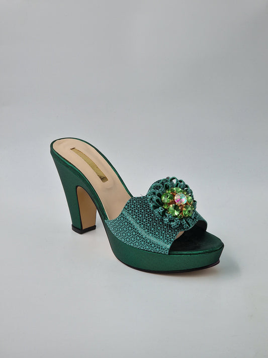 Emerald Green 'Patterned' High Slippers - Classic Shoes London